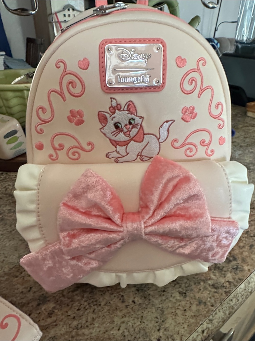 Loungefly Cream and Pink Marie Mini Backpack with Velvet Bow